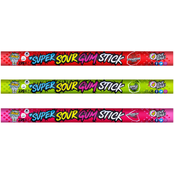 Brain Blasterz Apple/Watermelon/Strawberry Super Sour Gum Stick Level 4 Sour 22g