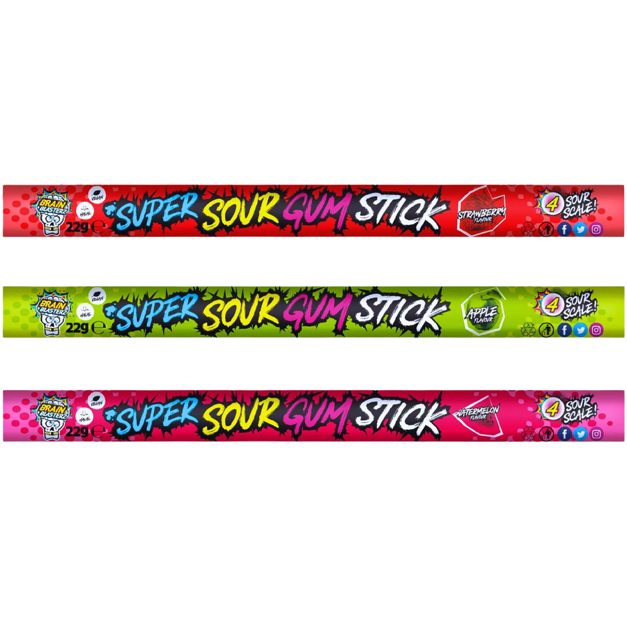 Brain Blasterz Apple/Watermelon/Strawberry Super Sour Gum Stick Level 4 Sour 22g